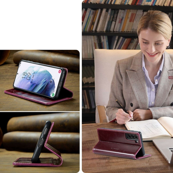 Etui z klapką CASEME do Samsung Galaxy S21, Waxy Textured, czerwone