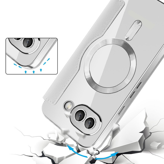 Etui z klapką do Google Pixel 9A, RFID Wallet MagSafe z ochroną aparatu, srebrne