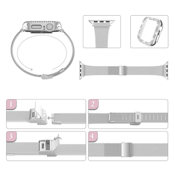 Bransoleta + Etui z Diamentami do Apple Watch 4/5/6/SE 44mm, Srebrna