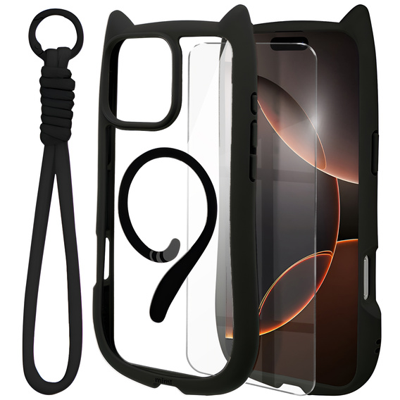 Etui do iPhone 16 Pro, do MagSafe, Cute Cat, czarne + Szkło na ekran