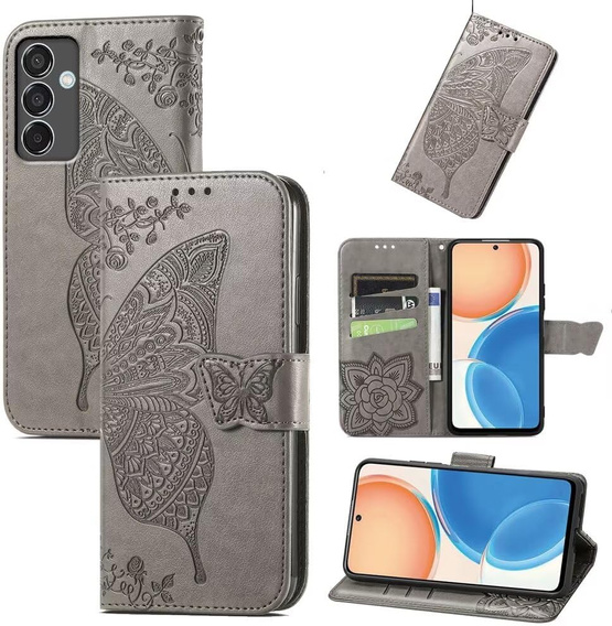 Etui z klapką do Samsung Galaxy M55 5G, Butterfly, szare