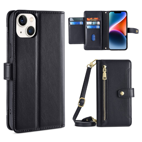 Etui z klapką do iPhone 15, Wallet Zipper Pocket, czarne