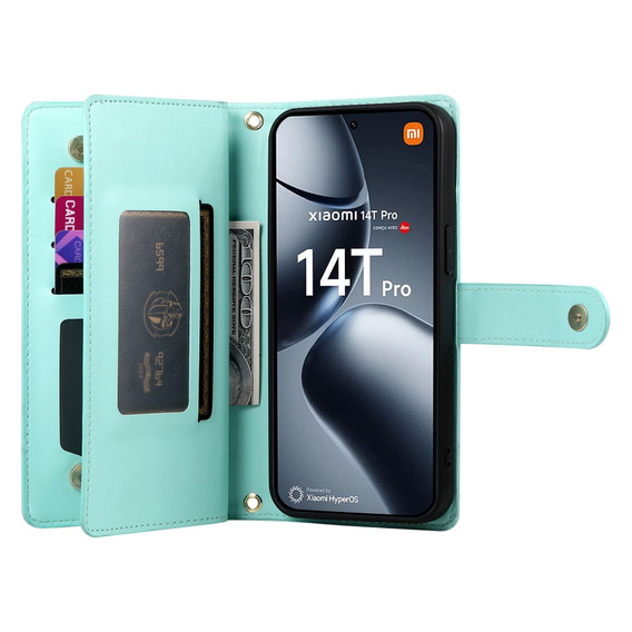 Etui z klapką do Xiaomi 14T Pro, Wallet Zipper Pocket, zielone