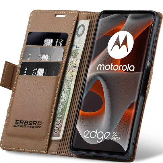 Etui do Motorola Edge 50 Pro, ERBORD Glossy Litchi, portfel z klapką, brązowe