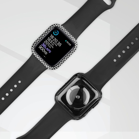2w1 Etui + Szkło Hartowane do Apple Watch 4/5/6/SE 44mm, z błyszczącymi kryształkami, Czarne