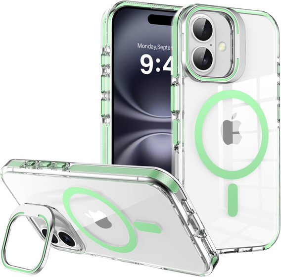 Etui do iPhone 17, do MagSafe, z podstawką, przezroczyste z zielonymi akcentami