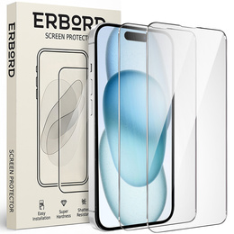 2x Szkło Hartowane do iPhone 15, ERBORD 9H Hard Glass, szybka