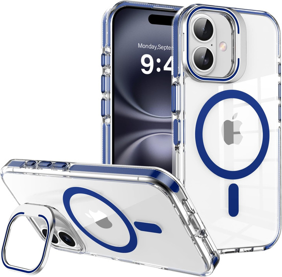 Etui do iPhone 17, do MagSafe, z podstawką, przezroczyste z granatowymi akcentami