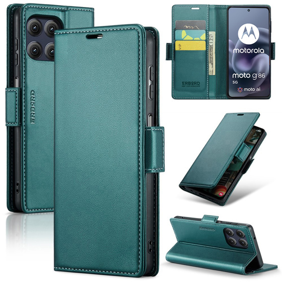 Zielone etui ERBORD Glossy Litchi do Motorola Moto G86 5G z klapką i połyskującą ekoskórą