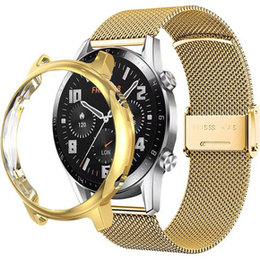 Bransoleta Milanese + Etui z osłoną na ekran do Huawei Watch GT 2 46mm, Złoty