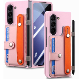 Etui skórzane do Samsung Galaxy Z Fold6 5G, z podstawką i szkłem, różowe