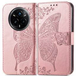 Etui z klapką do Realme 14 Pro+ 5G, Butterfly, różowe rose gold