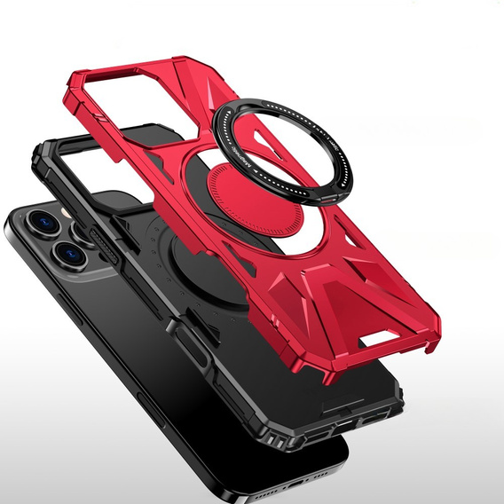 Etui do iPhone 16 Pro, pancerne z podstawką i blaszką do uchwytu, czerwone