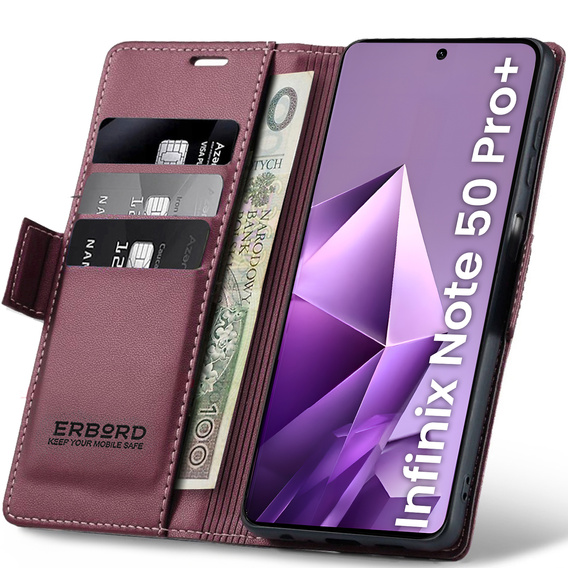 Etui do Infinix Note 50 Pro+, ERBORD Glossy Litchi, portfel z klapką, czerwone