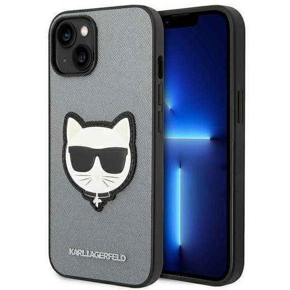 Etui Karl Lagerfeld do iPhone 14 Plus, Saffiano Choupette Head Patch, srebrne