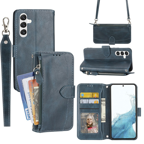 Etui z klapką do Samsung Galaxy A25 5G, Wallet Zipper Pocket, z paskiem na ramię, niebieskie