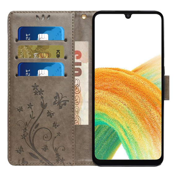 Etui z klapką do Samsung Galaxy A25 5G, Butterfly, szare + szkło 9H