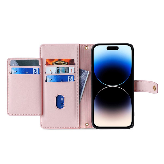 Etui z klapką do iPhone 14 Pro Max, Wallet Zipper Pocket, różowe