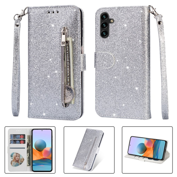 Etui z klapką do Samsung Galaxy A55, Wallet Zipper Pocket Glittery, srebrne