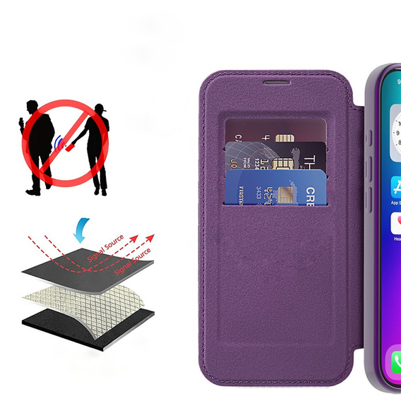 Etui z klapką do iPhone 17, RFID Wallet MagSafe z ochroną aparatu, fioletowe