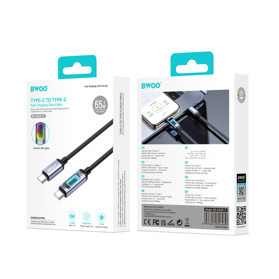 BWOO kabel pleciony z podświetleniem RGB PD 60W X324CC USB-C – USB-C 1 m - czarny