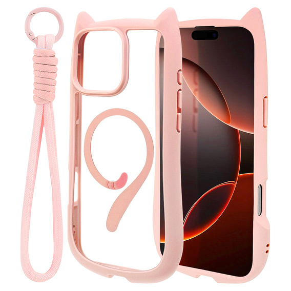 Etui do iPhone 16 Pro, do MagSafe, Cute Cat, różowe + Szkło na ekran