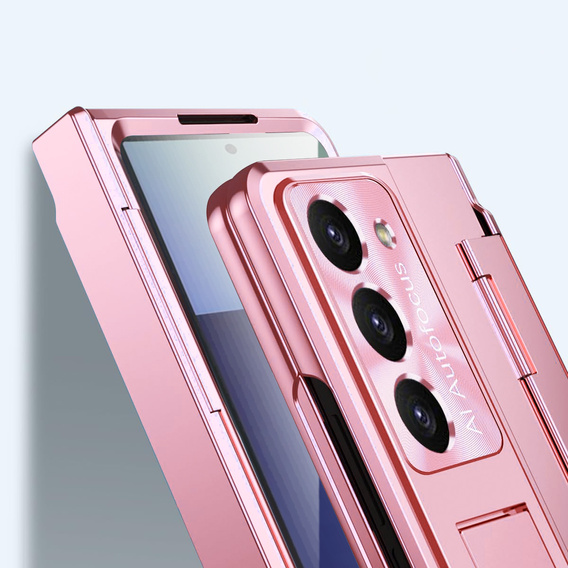 Etui z podstawką do Samsung Galaxy Z Fold7 5G, z ochroną zawiasu, szkłem i rysikiem - różowe