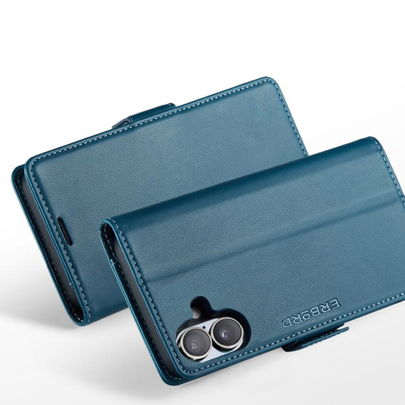 Etui do iPhone 17, ERBORD Glossy Litchi, portfel z klapką, niebieskie
