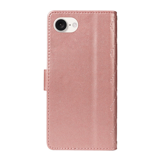Etui z klapką do iPhone 16E, Rhombus Crossbody Leather, różowe rose gold