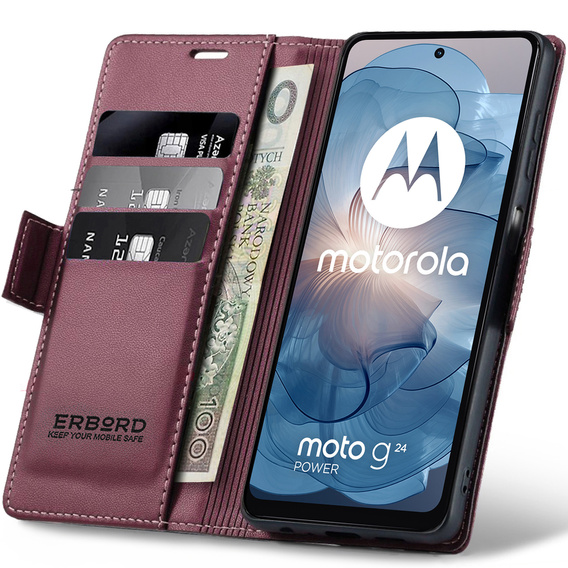 Etui do Motorola Moto G24 / G24 Power / G04, ERBORD Glossy Litchi, portfel z klapką, czerwone