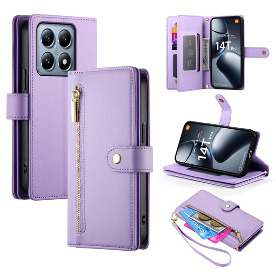 Etui z klapką do Xiaomi 14T Pro, Wallet Zipper Pocket, fioletowe