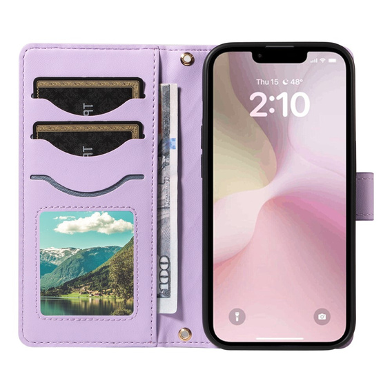 Etui z klapką do iPhone 16E, Rhombus Crossbody Leather, fioletowe