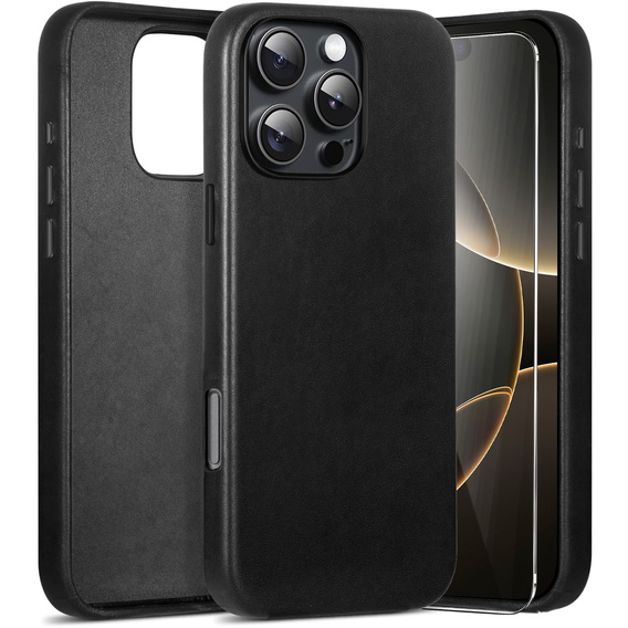 Etui skórzane do iPhone 16 Pro, ERBORD Leather MagSafe, czarne + Szkło na ekran