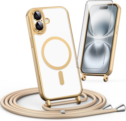 Etui do iPhone 16, Electro MagSafe, złote + Szkło na ekran + Smycz