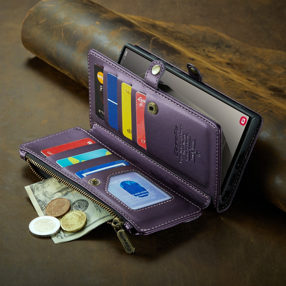 Etui CASEME do Samsung Galaxy S25 Ultra, RFID Leather Wallet, z paskiem na ramię, fioletowe