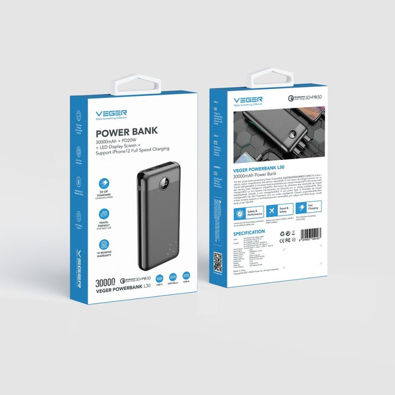 Powerbank VEGER L30 30000 mAh PD QC3.0 20W – Czarny