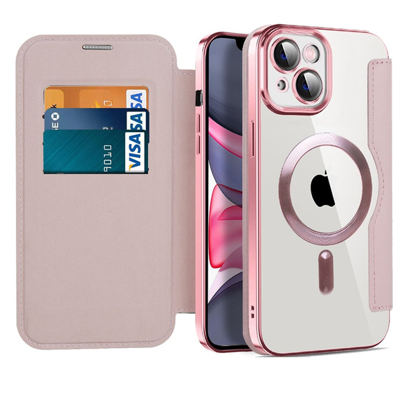Etui z klapką do iPhone 14, RFID Wallet MagSafe z ochroną aparatu, różowe