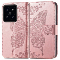 Etui z klapką do Xiaomi 14T, Butterfly, różowe rose gold