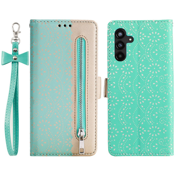 Etui z klapką do Samsung Galaxy A34 5G, Wallet Pocket Zipper Lace, zielone