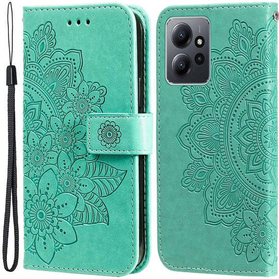 Zestaw Etui z klapką do Xiaomi Redmi Note 12 4G, Mandala i kwiaty, Zielone + Szkło 9H