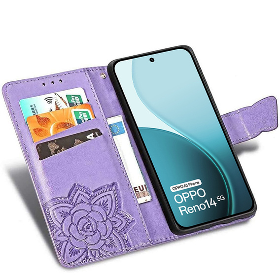 Etui z klapką do Oppo Reno 14, z wytłoczonym wzorem motyla, fioletowe