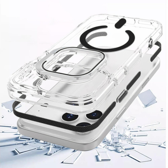 Etui do iPhone 17 Pro, do MagSafe, z podstawką, przezroczyste z czarnymi akcentami