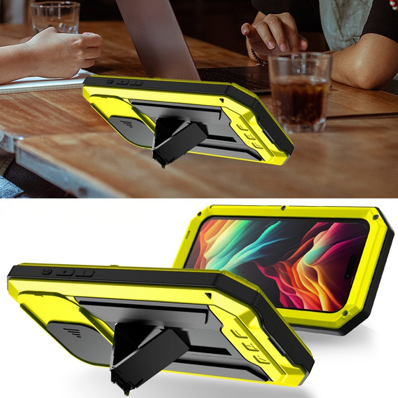 Etui do iPhone 15 Pro, R-JUST CamShield Slide, pancerne, żółte / czarne