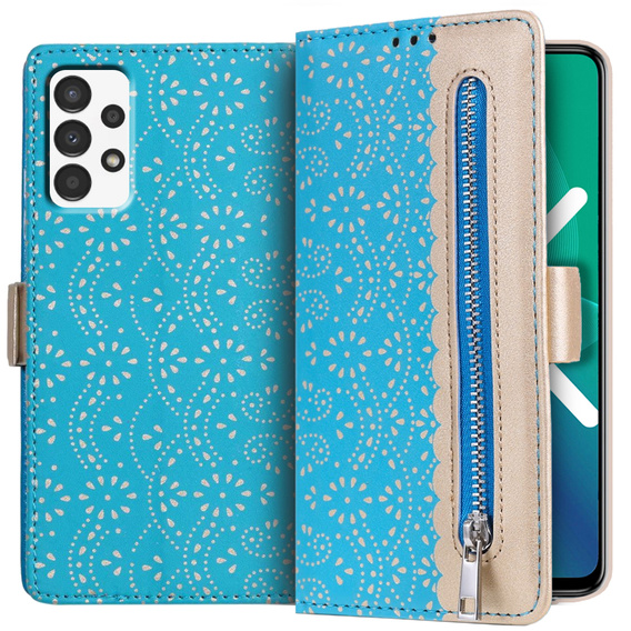 Etui z klapką do Samsung Galaxy A33 5G, Wallet Pocket Zipper Lace, niebieskie