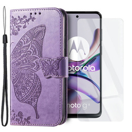 Zestaw Etui do Motorola Moto G73 5G, z klapką portfel, Motyl, Fioletowe + szkło