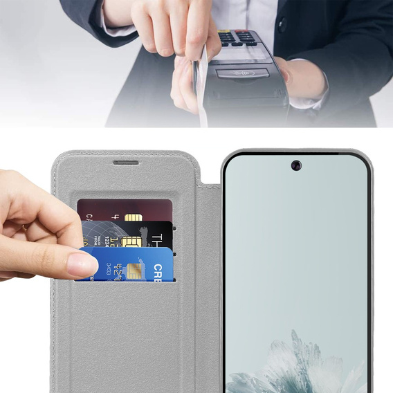 Etui z klapką do Google Pixel 9A, RFID Wallet MagSafe z ochroną aparatu, srebrne