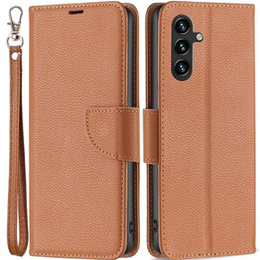 Etui z klapką do Samsung Galaxy A15, Wallet Litchi Leather, brązowe + szkło 9H