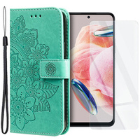 Zestaw Etui z klapką do Xiaomi Redmi Note 12 5G / POCO X5 5G, portfel Mandala i kwiaty, Zielone + szkło