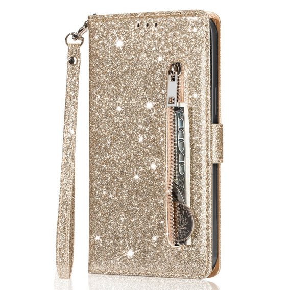 Etui z klapką do Samsung Galaxy A56 5G, Wallet Zipper Pocket Glittery, złote