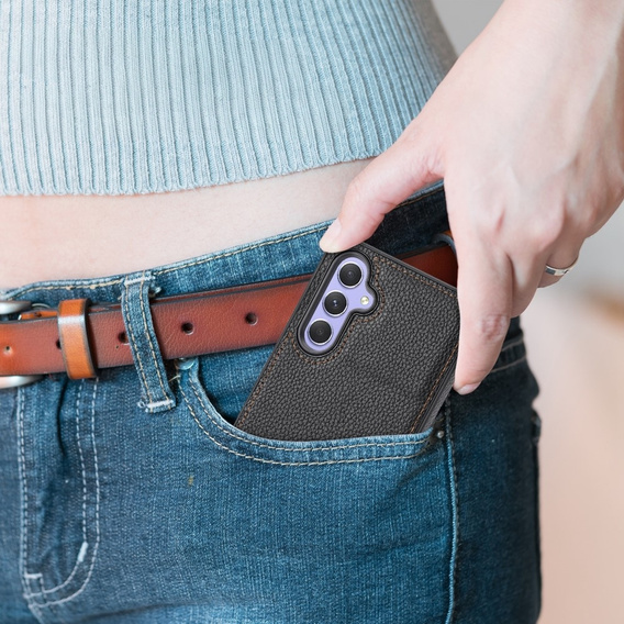 Etui skórzane do Samsung Galaxy A25 5G, Obudowa Lychee leather Case, Czarne + Szkło 9H
